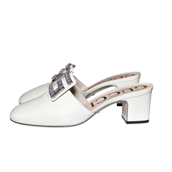 Gucci Madelyn Crystal Square G Logo Ivory Leather Mules Slides Heels Size 37.5 - Picture 6 of 9